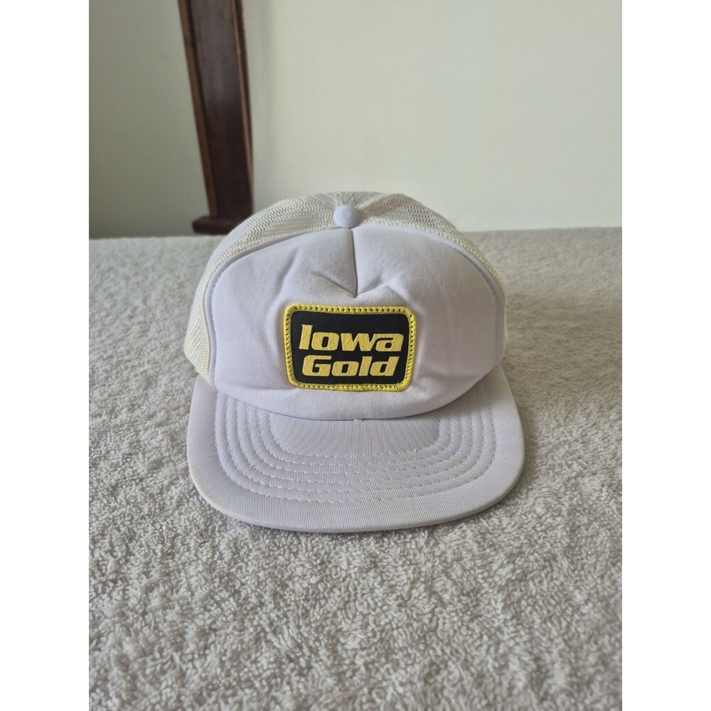 Vintage Iowa Gold Trucker Hat Snapback White Mesh Patch Farm Mining Advertising